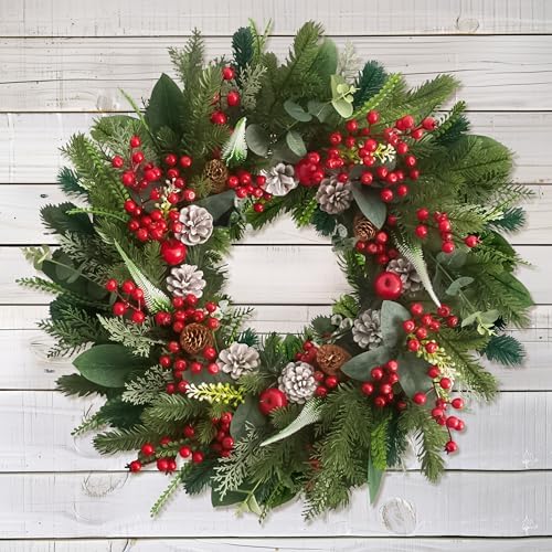 24 Inch Christmas Wreath with Red Berries, Apples, Pinecones and Eucalyptus by Montekin