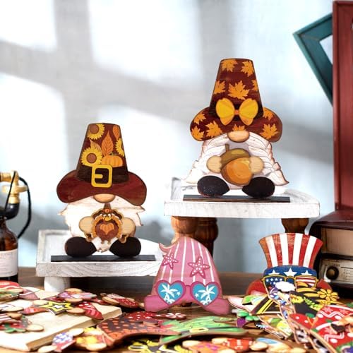 68 Pcs Seasonal Interchangeable Wooden Gnome Decor Farmhouse Holiday 2 Pcs Gnome Standing Centerpieces Decoration with 2 Wooden Bases 64 Detachable Hats Magnet Pieces for DIY Holiday Decorations - Image 5