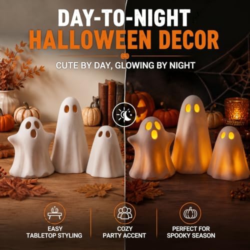 LemonRoad 3 Pcs Halloween Terracotta Ghost Decor Indoor Tealight Holder - Image 5