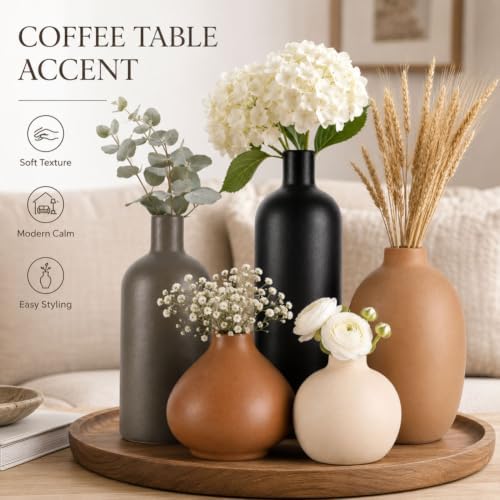 Ceramic Vase Set of 5, Modern Vases Home Decor, Neutral Decorative Vases for Pampas Grass Dried Fresh Flowers, Small Vase Set for Living Room Kitchen Bedroom Bathroom Entryway Mantel Decor - Image 4