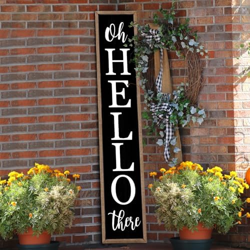 flowtorely Oh Hello There Outdoor Welcome Sign, 45"X9", Wood Black by flowtorely