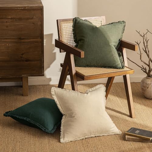 MIULEE Linen Fringe Decorative Euro Throw Pillow Covers Olive Green 22x22 - Image 4
