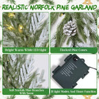 YoleShy 2 PCS 6FT Real Touch Norfolk Pine Garland Flocked Christmas Garland with Lights Pinecone and White Snow Battery Operated Prelit Garland Christmas Decorations for Mantle Fireplace Xmas Decor - Image 3