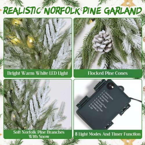 YoleShy 2 PCS 6FT Real Touch Norfolk Pine Garland Flocked Christmas Garland with Lights Pinecone and White Snow Battery Operated Prelit Garland Christmas Decorations for Mantle Fireplace Xmas Decor - Image 3