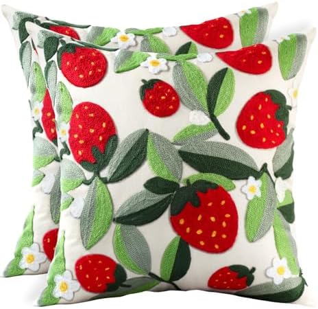 Embroidered Throw Pillow Covers 18x18 Inch - Set of 2 Summer Decorative Pillow Covers with Zipper Aesthetic Cute Design Throw Pillowcases for Couch Sofa Bed, Leaf Strawberry by Kokaaee