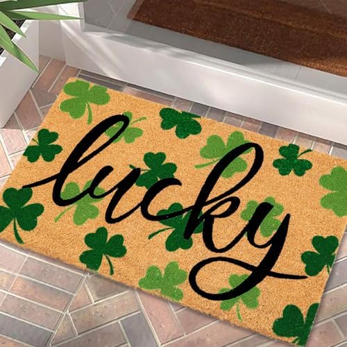 JarThenaAMCS St. Patrick's Day Natural Coir Door Mat Lucky Clover Welcome Floor Mat Green Shamrock Non-Slip Entrance Door Rugs for Irish Holiday Indoor Outdoor Home Bathroom Decor, 16.5 x 29 Inch - Image 4