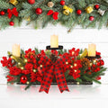 Christmas Centerpiece with 3 Candle Holders 3 LED Candles 1 String Lights Xmas Triple Candelabrum Poinsettia Red Buffalo Plaid Bow Berry Pine Cones with 3 Candle Holders for Tables Home Decorations by meekoo