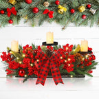 Christmas Centerpiece with 3 Candle Holders 3 LED Candles 1 String Lights Xmas Triple Candelabrum Poinsettia Red Buffalo Plaid Bow Berry Pine Cones with 3 Candle Holders for Tables Home Decorations by meekoo