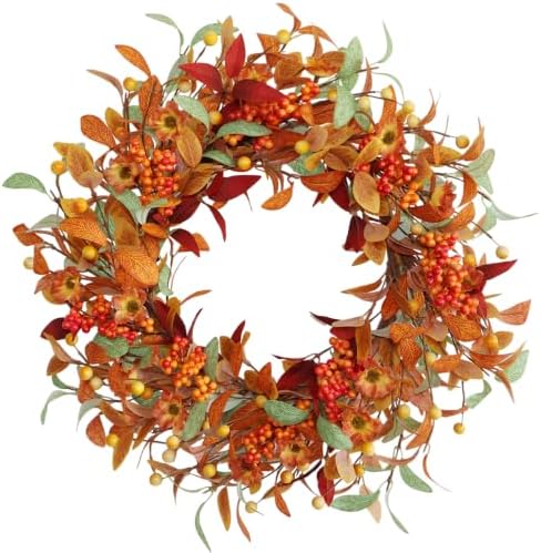 18 Inch Fall Wreath for Front Door, Autumn Floral Wreath with Orange Leaves, Berry Clusters, Flowers and Greenery for Porch Wall Entryway Mantel Thanksgiving Décor by Unknown