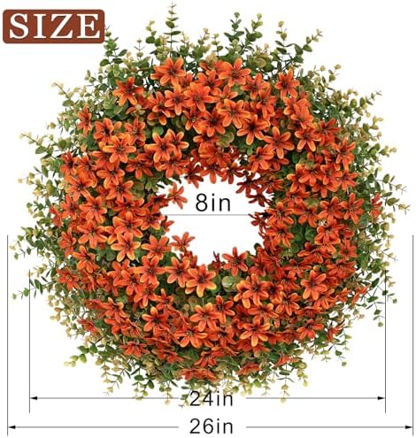 26" Large Artificial Eucalyptus Silk Flower Wreath for Outdoor(Fall Orange) - Image 6