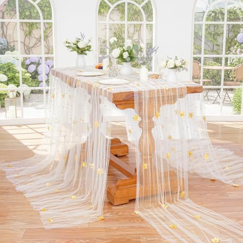 Fanqisi Beige Pearl Table Runner Floral Tulle Gauze Runner 10FT 8 Pack - Image 2