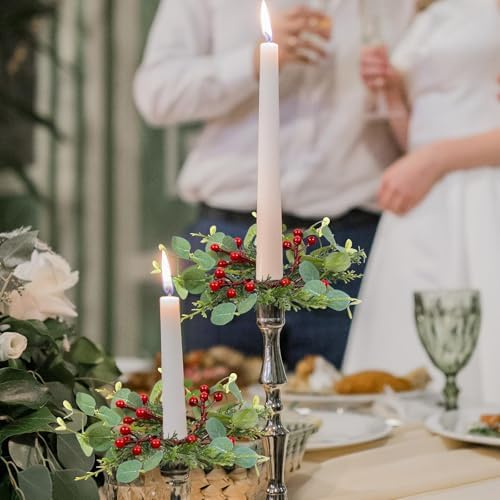 8 PCS Christmas Pine Taper Candle Rings Wreaths 1.38" Mini Norfolk Cedar Taper Candle Holder Wreaths Candle Rings with Berry for Xmas Winter Holiday Church Home Table Centerpiece Candlesticks Decor - Image 5