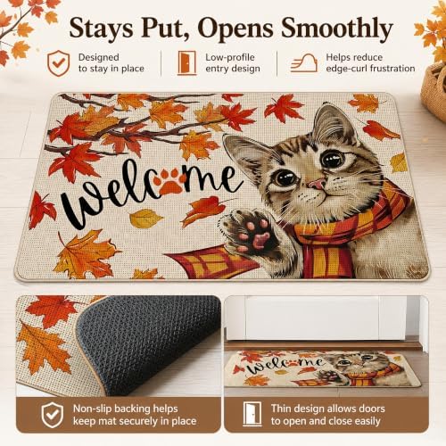 Fall Cat Welcome Mat 32x48in, Autumn Tabby Kitten in Plaid Scarf Doormat - Image 4