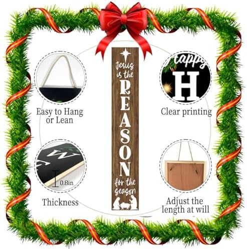 SRongmao Jesus Is The Reason For The Season Porch Sign Christmas Front Door Hanging Decorations 8x63inch Vertical Wooden Indoor Outdoor Standing Signs For Home Yard Farmhouse Holiday Decor - Image 6
