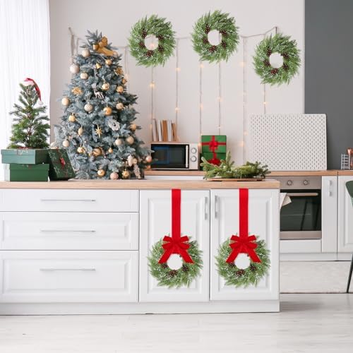 Barydat 8 Pcs 15" Mini Christmas Wreaths for Kitchen Cabinet with Long Bow - Image 4