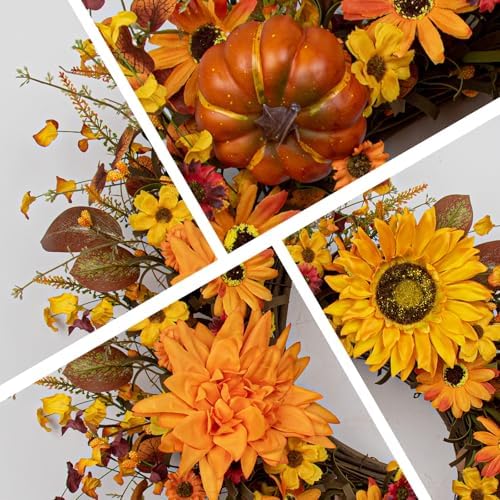 JINGHONG Fall Wreaths for Front Door 20 Inch Artificial Fall Wreath Autumn Flower Wreath with Sunflower Daisy Dahlia Pumpkin for Indoor Outdoor Window Wall Porch Harvest and Thanksgiving Celebration - Image 5