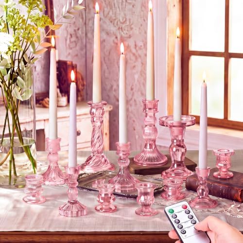 Mumufy 24 Pcs Pink Crystal Taper Candle Holders with Flameless Candles by Mumufy