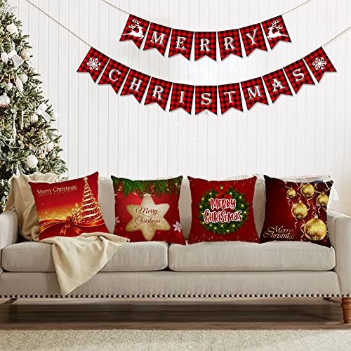 Set of 4 Christmas Pillow Covers 22x22 Inch Xmas Pillow Cases Velvet Throw Pillow Covers Red Gold Winter Holiday Cushion Covers Outdoor Couch Sofa Home Decorations for New Year - Image 6