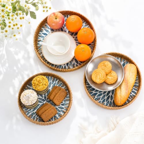 Round Rattan Serving Trays with Mother of Pearl Inlay, Set of 3, Blue - Image 2