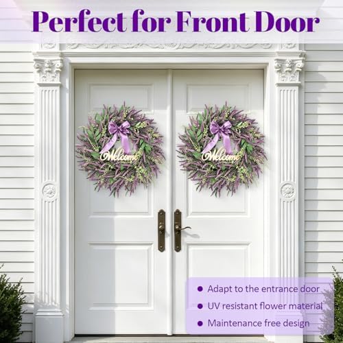 26 Inch Purple Lavender Wreath for Front Door, Lifelike Artificial Eucalyptus Door Hanger with Welcome Sign, Fade-Resistant Floral Ring for All Seasons Home Decor, Farmhouse Wall Ornament - Image 4