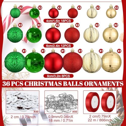 36 Pcs Christmas Balls Ornaments for Ceiling, Red, Green, Gold - Image 2