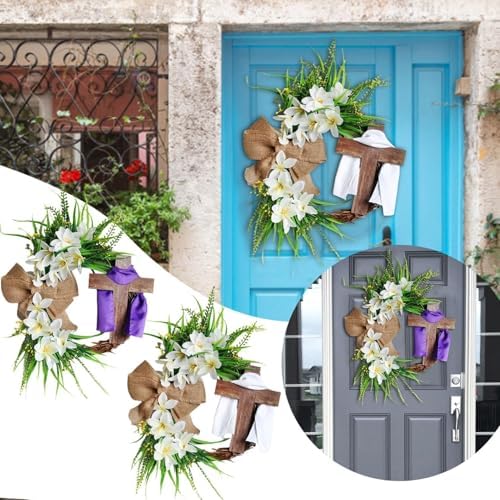 Easter Cross Wreath with Burlap Bow, Easter Door Wreath with Burlap Bow Swag Bowknot Rustic Farmhouse Spring Lily Wreath Easter Decorations for Hanging Door Decor (16IN Num.02) - Image 6