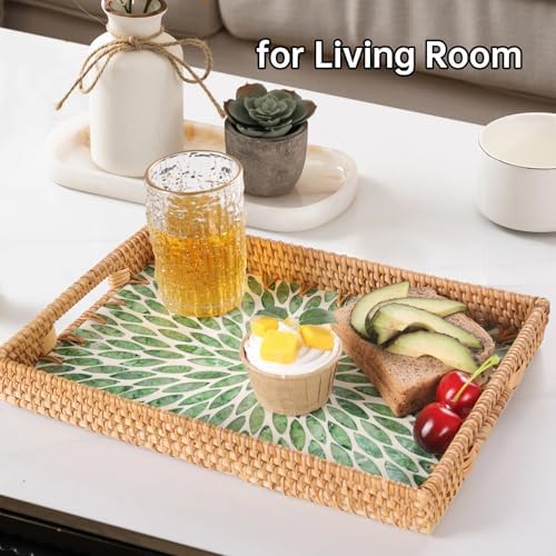 Rectangle Rattan Tray with Mother of Pearl Inlay, Rattan Serving Tray with Handle for Coffee, Bread, Fruits, Snacks, Decorative Wicker Tray for Table Decor (Rectangle Green Leaf, 13"×9") - Image 5