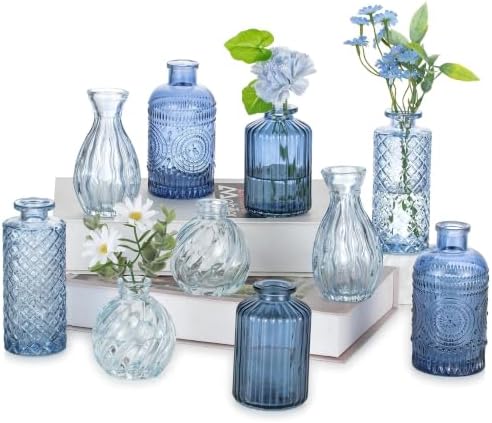 Glasseam Glass Bud Vases for Centerpieces, 10Pcs Blue Small Flower Vase Set by Glasseam