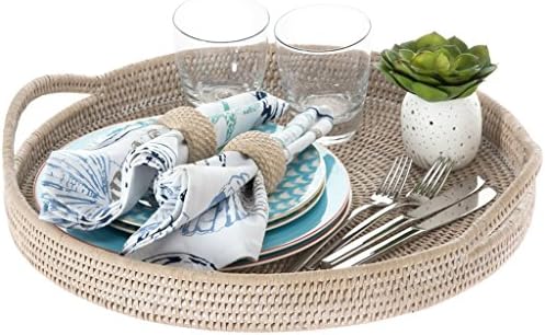 KOUBOO La Jolla Rattan Serving Tray with Handles, White, Ottoman Tray - Image 6