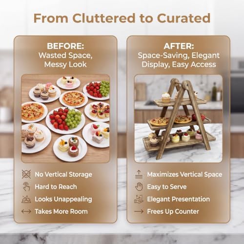 3 Tier Serving Tray Wood Tiered Cupcake Stand, Large Collapsible Food Serving Platter Party Decor Dessert Table Display Set, Decorative Trays Farmhouse Display Stands for Fruit Charcuterie - Image 2