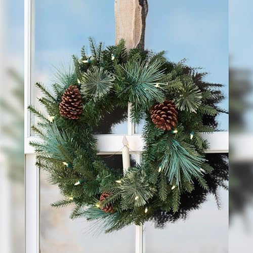 Balsam Hill Mixed Evergreen Window Christmas Wreath - 22" Traditional Greenery Wreath with Faux Candle & Battery-Operated LED Clear Lights for Indoor and Outdoor Holiday Decorating - Image 3
