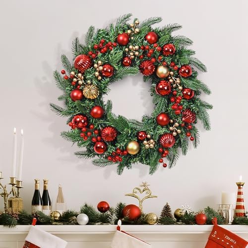 Christmas Wreath with Lights, 20 Inch Christmas Wreaths for Front Door, Large Winter Door Wreath with Ball Ornaments, Berries and Norfolk Pines, Xmas Decor for Indoor Outdoor Wall Windows - Image 2