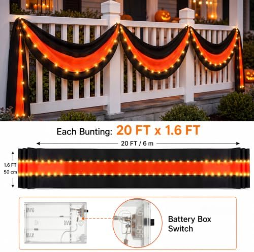 Tegeme 2 Pack 20 x 1.6 ft Lighted Halloween Outdoor Bunting, Black Orange - Image 2