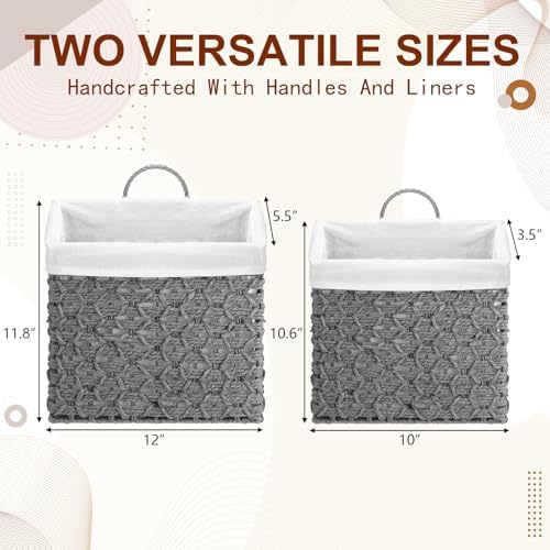 Novabright Set of 2 Wicker Hanging Basket Grey Woven Wall Baskets with Handle Liners for Front Door Organizing Mail Flower Wall Storage Basket for Farmhouse Home Decor Kitchen Bathroom Toilet Tank Top - Image 2