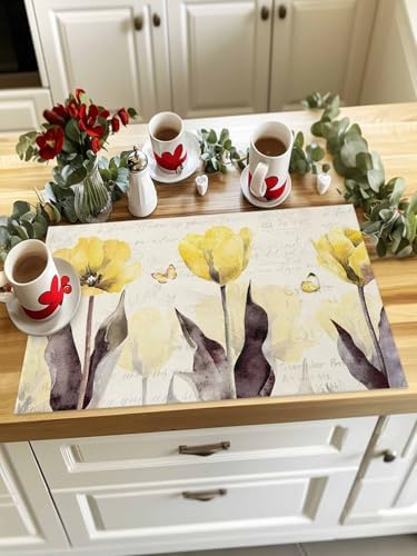 Yellow Tulip Placemats Set of 4, Rustic Floral Brown Leaves Butterfly Vintage Beige Placemats for Dining Table Place Mats for Kitchen Table Waterproof Table Mats, Wipeable Dining Table Set - Image 4