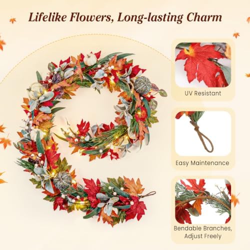 Lewondr 6ft Fall Garland with Lights for Mantel, 20 LED, Maple Leaves - Image 4