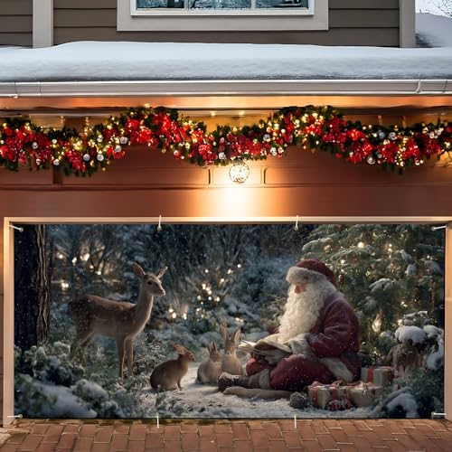 ANNA QUEEN Christmas Garage Door Banner 6×13 FT, Santa Reading Story to Forest Animals, Heart-Warming Holiday Scene, Outdoor Garage Decoration for Parties Home Decor by ANNAQUEEN