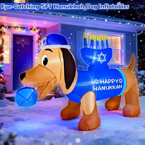 5F Hanukkah Inflatable Decorations - Dachshund with Menorah & Dreidel Built in 3 LED Lights, Blow Up Chanukah Yard Decor for Outdoor Lawn Garden Jewish Holiday Party​ - Image 4