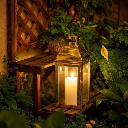 JHY DESIGN 15" H Stainless Steel Decorative Candle Lanterns with Tempered Glass Vintage Elegance for Indoor Outdoor Events Parties and Weddings(Gold) - Image 2