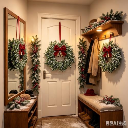 8 Set Christmas Hanging Wreaths Small Snow Flocked Artificial Cedar Wreaths with Red Velvet Ribbon Bronze Bells Mini Faux Greenery Wreath for Front Door Porch Cabinet Window Xmas Holiday Decorations - Image 2