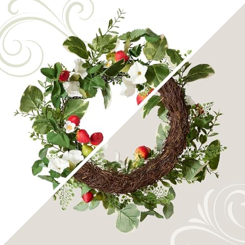National Tree Company Artificial Spring Wreath, Woven Branch Base, Decorated with Strawberries, Petunia Blooms, Leafy Greens, Spring Collection, 22 Inches - Image 4