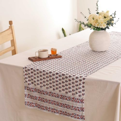 Hand Block Printed Cotton Table Runner, Machine Washable Cotton Runner, Boho Floral Dining Room Accent for Large Dining Tables and Console Displays, 18x90 Inches - Blue & Red - Image 2
