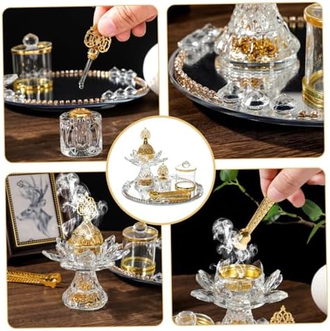 Glass Incense Holder, 5-Pieces Set Lotus Shape Incense Burner with Mirrored Tray, Storage Jar and Tongs, Arabian Style Ramadan Decorations - Image 3
