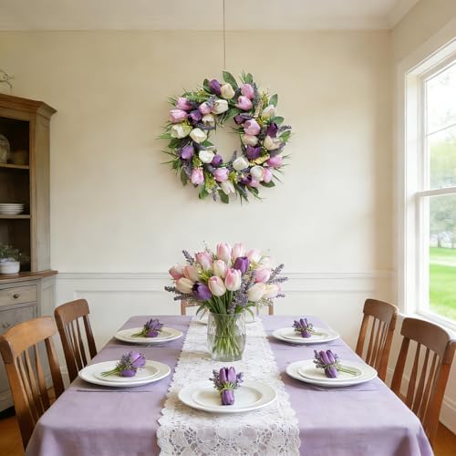 Spring/Summer Wreaths for Front Door,Purple Tulip Wreath for Decoration, 22 Inch Door Wreaths Indoor Outdoor for Party Holiday Farmhouse Wedding Home Wall Window Decor - Image 4