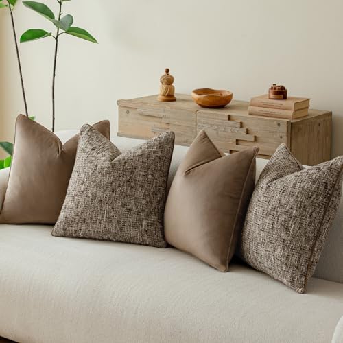 a moment Brown 4 Pack Throw Pillow Covers - Chenille & Velvet Set with Piping, Farmhouse Textured Design Pillow Cases for Couch Sofa Bed Livingroom (22x22 Inch, No Insert) - Image 2