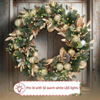 28 Inch Lighted Christmas Wreath with 50 Warm White LEDs and Timer, Battery Operated Pre-Lit Artificial Wreath with Pinecones, Ornaments and Gold Leaves for Front Door - Image 6