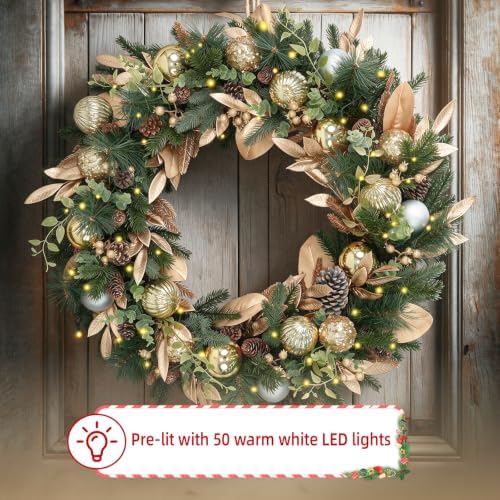 28 Inch Lighted Christmas Wreath with 50 Warm White LEDs and Timer, Battery Operated Pre-Lit Artificial Wreath with Pinecones, Ornaments and Gold Leaves for Front Door - Image 6