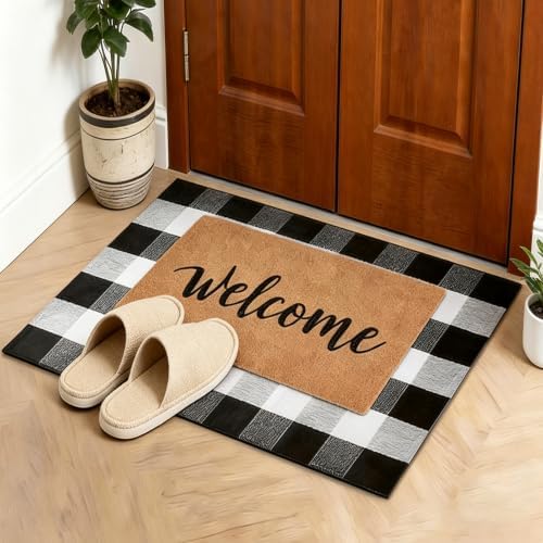 2-Piece Front Door Mat Set, Coir Welcome Mat & Black White Plaid Mat - Image 4