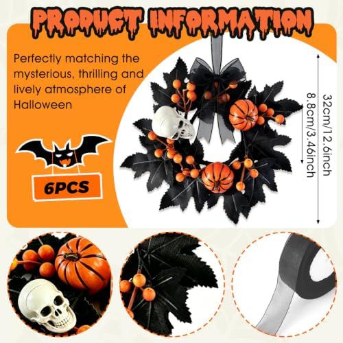 6 PCS Mini Halloween Cabinet Wreath Gothic Skeleton Leaves Wreath Decor - Image 3