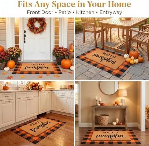 Fall Decor Doormat Combo Set, 100% Coco Coir Welcome Mat + 3' x 5' Orange and Black Plaid Rug - Fall Thanksgiving Front Porch Entryway Decor Floor Mat, Indoor Outdoors Autumn Mats Hello Pumpkin - Image 5